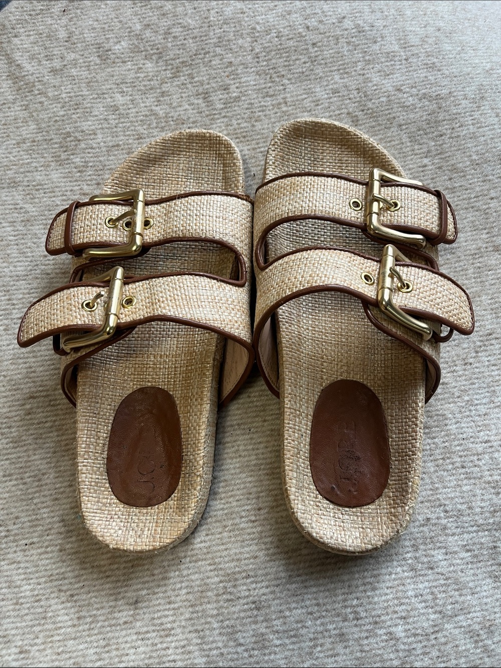 J. Crew Natural Straw Double-Buckle Slide Sandals with Brown Trim - Picture 5 of 5
